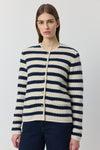 Cashmere Striped Waffle Longline Jacket - Navy/Cream