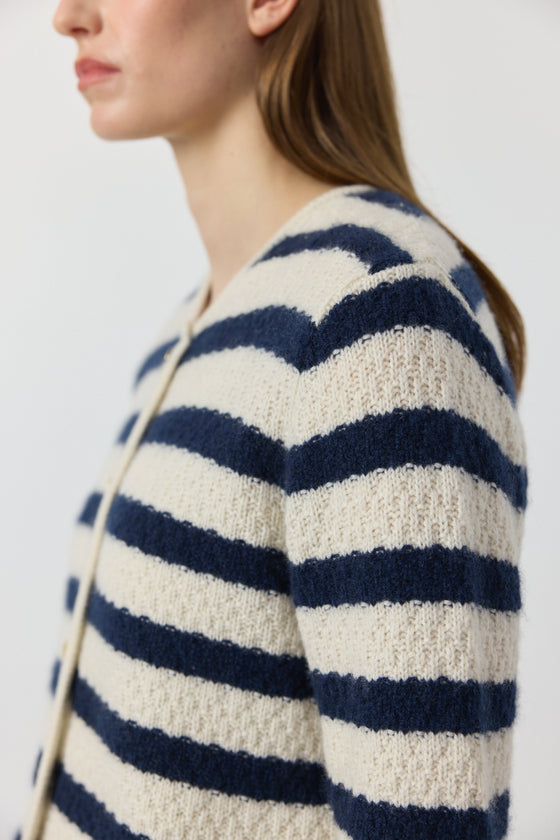 Cashmere Striped Waffle Longline Jacket - Navy/Cream