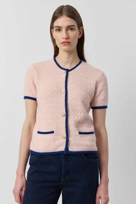 Cashmere Short Sleeve Waffle Jacket - Pink/Blue