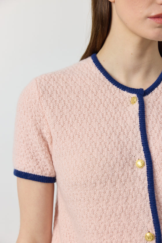 Cashmere Short Sleeve Waffle Jacket - Pink/Blue