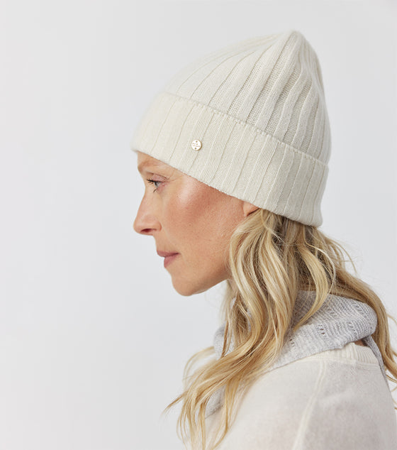 Luxe Cashmere Ribbed Beanie - Cream