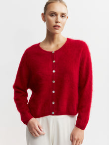  Brushed Cashmere Crew Cardigan - Red