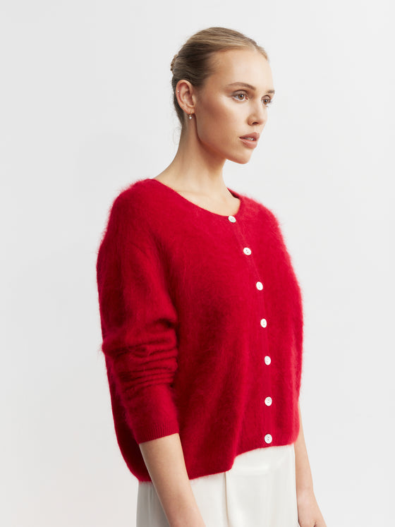 Brushed Cashmere Crew Cardigan - Red