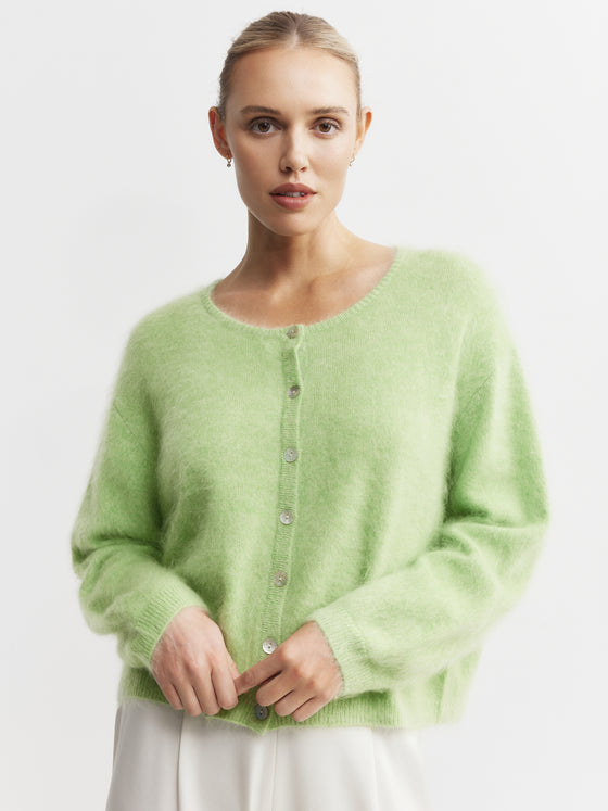 Brushed Cashmere Crew Cardigan - Green Melange