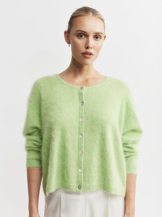 Brushed Cashmere Crew Cardigan - Green Melange