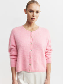  Brushed Cashmere Crew Cardigan - Pink Marle