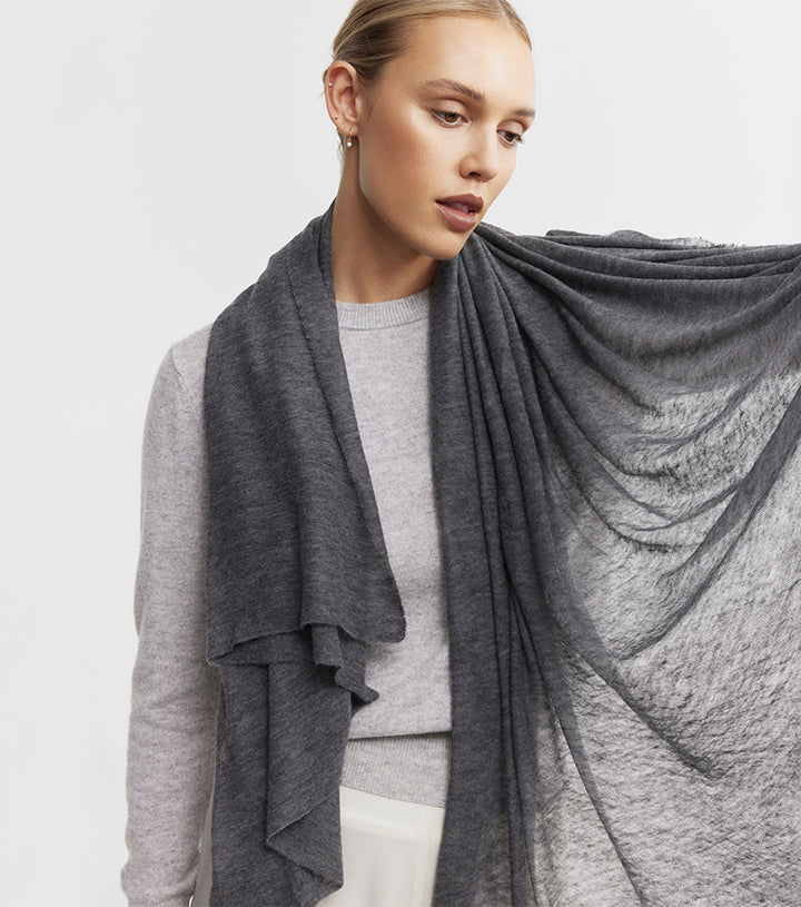 Cashmere Fine Diagonal Wrap - Dark Grey Melange