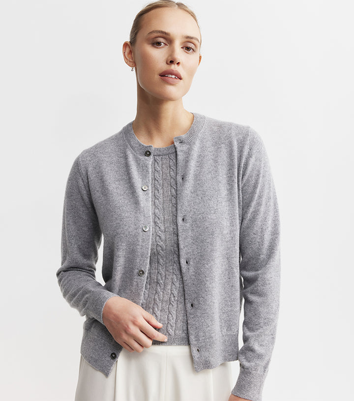 Essential Cashmere Crew Cardigan - Dark Grey Melange