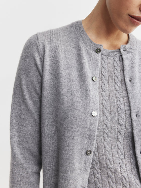 Essential Cashmere Crew Cardigan - Dark Grey Melange