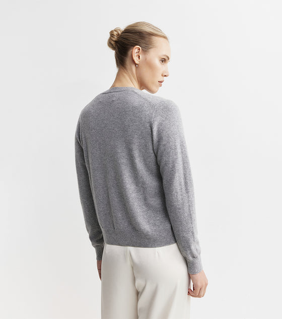 Essential Cashmere Crew Cardigan - Dark Grey Melange