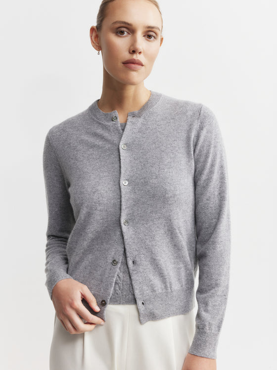 Essential Cashmere Crew Cardigan - Dark Grey Melange