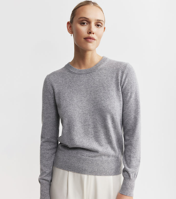 Essential Cashmere Rib Crew Sweater - Dark Grey Melange
