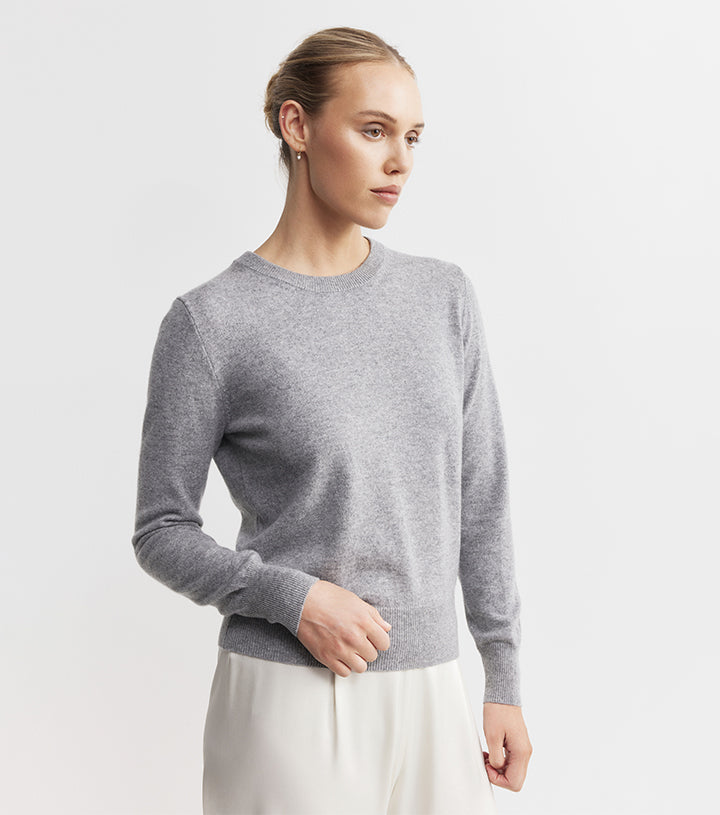 Essential Cashmere Rib Crew Sweater - Dark Grey Melange