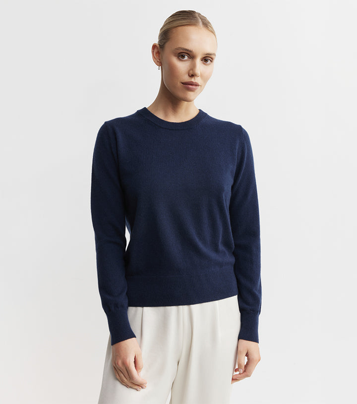 Essential Cashmere Rib Crew Sweater - Navy