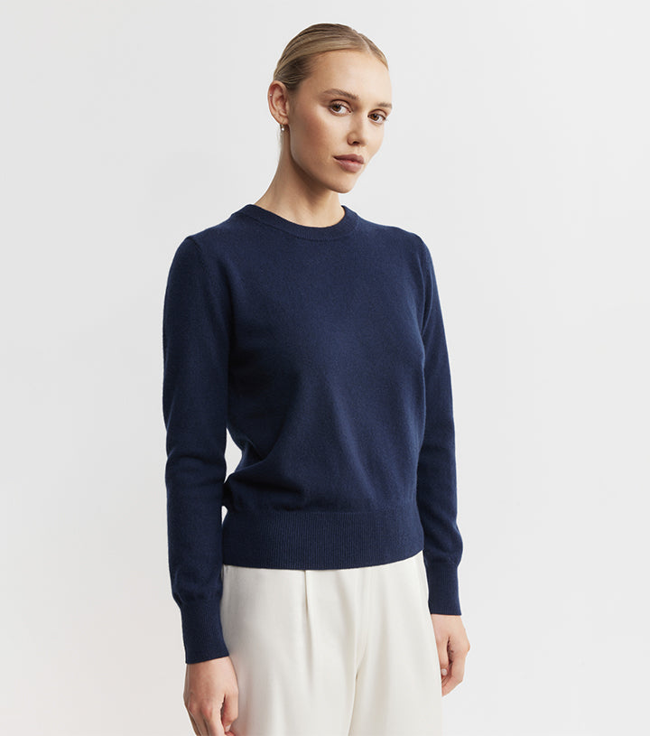 Essential Cashmere Rib Crew Sweater - Navy