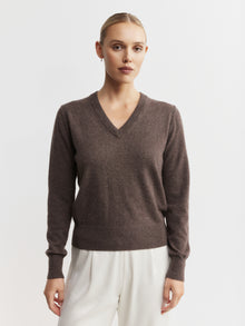  Essential Cashmere Rib V Sweater - Brown Melange