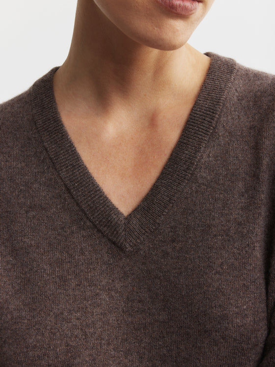 Essential Cashmere Rib V Sweater - Brown Melange