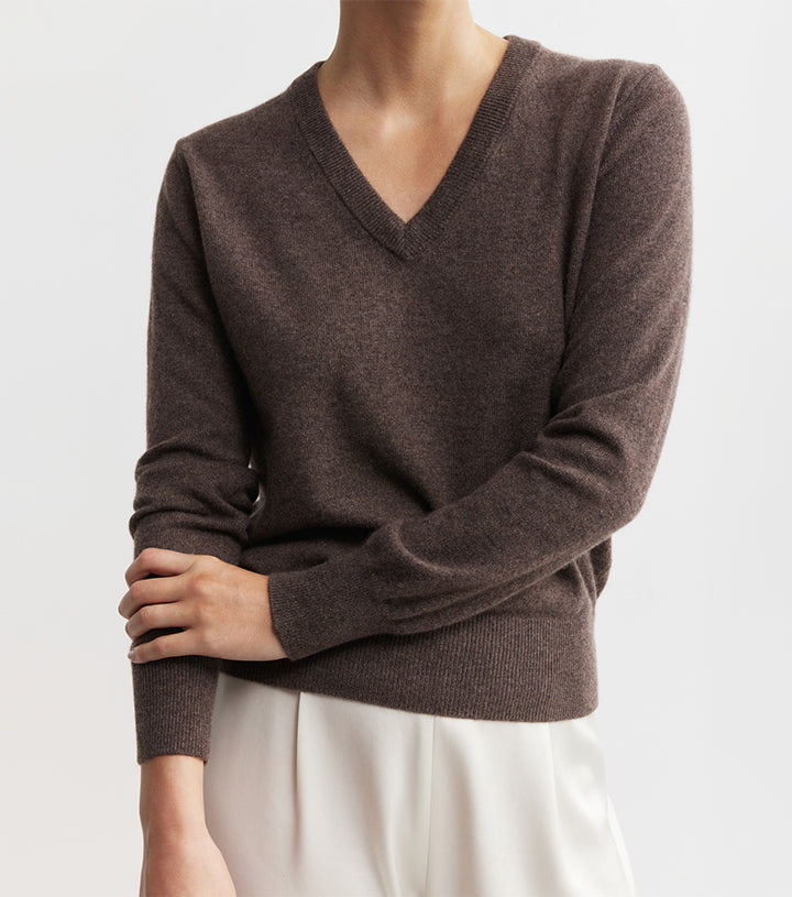 Essential Cashmere Rib V Sweater - Brown Melange