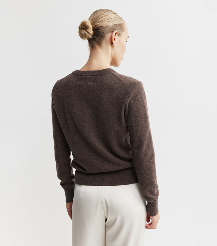 Essential Cashmere Rib V Sweater - Brown Melange