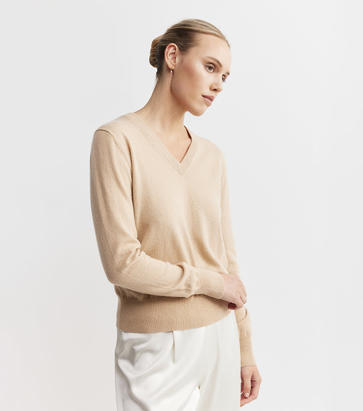 Essential Cashmere Rib V Sweater - Camel