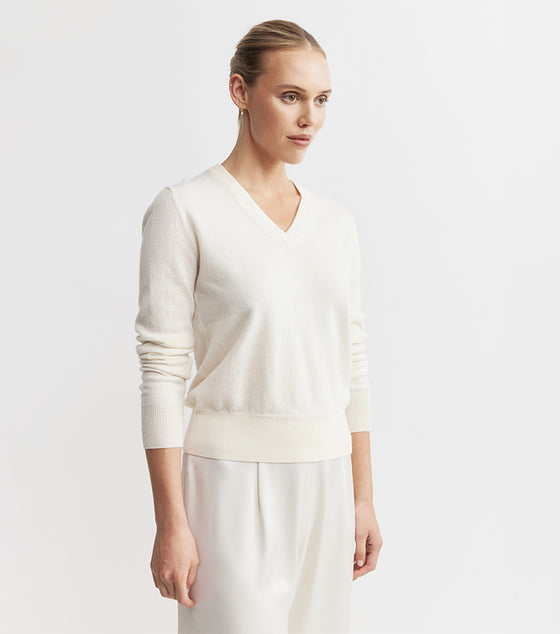 Essential Cashmere Rib V Sweater - Cream