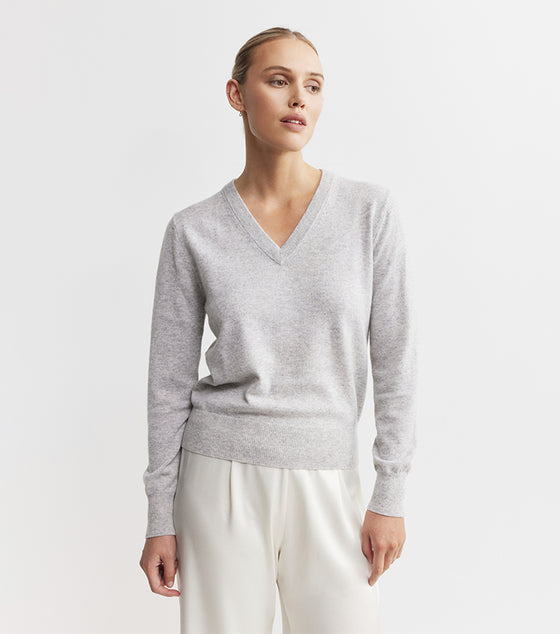 Essential Cashmere Rib V Sweater - Grey Melange