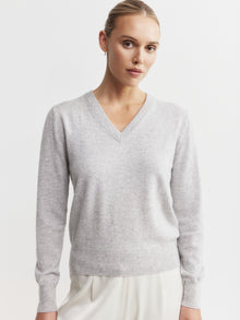  Essential Cashmere Rib V Sweater - Grey Melange