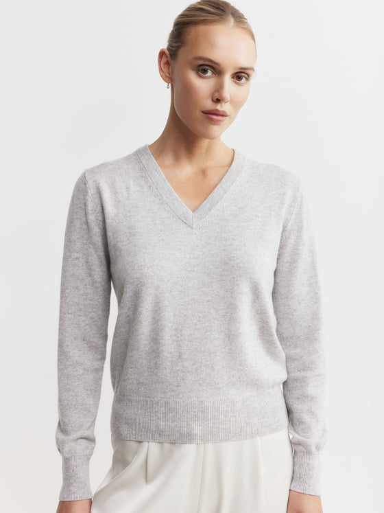 Essential Cashmere Rib V Sweater - Grey Melange