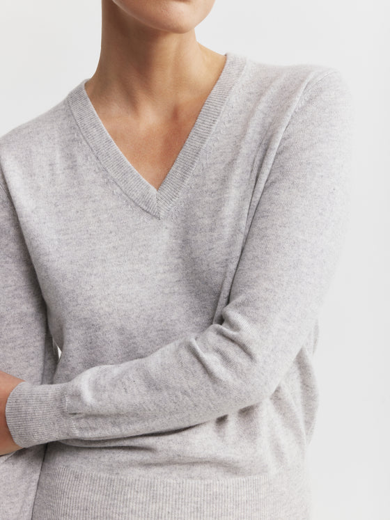 Essential Cashmere Rib V Sweater - Grey Melange