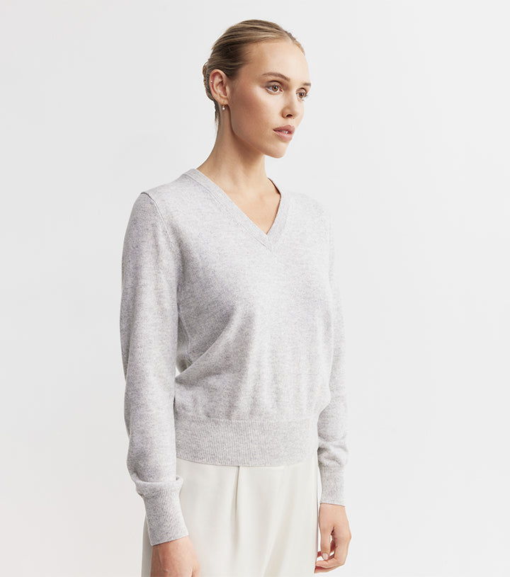 Essential Cashmere Rib V Sweater - Grey Melange