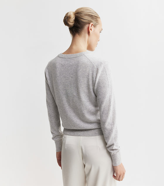 Essential Cashmere Rib V Sweater - Grey Melange