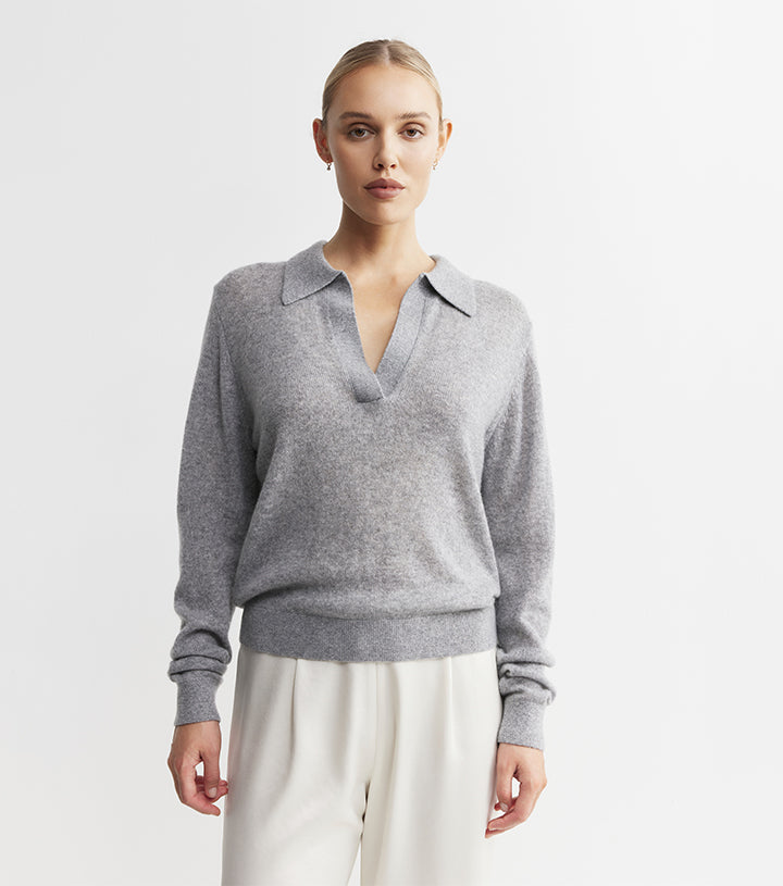 Featherweight Cashmere Polo - Dark Grey Melange