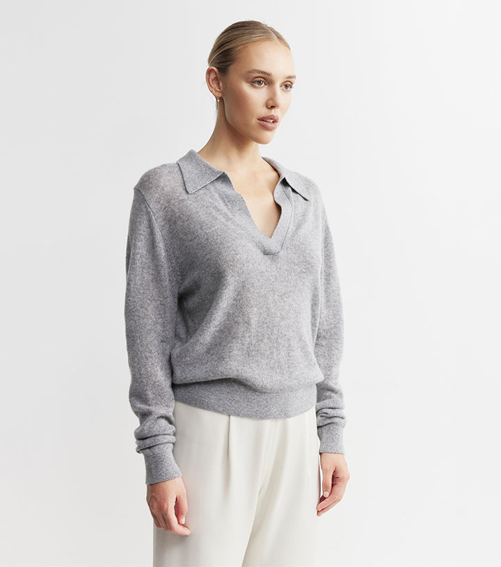 Featherweight Cashmere Polo - Dark Grey Melange