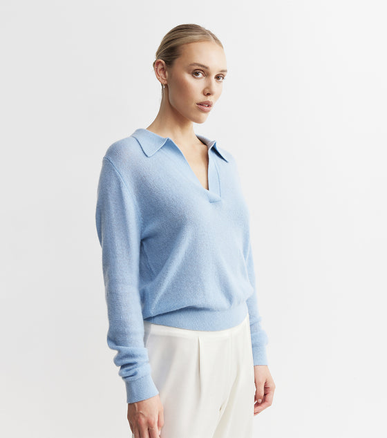 Featherweight Cashmere Polo - Malibu Blue