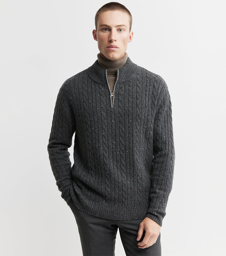 Mens Cashmere Cable 1/4 Zip Sweater - Charcoal Donegal/Dark Grey Melange