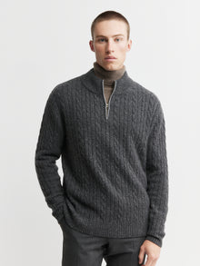  Mens Cashmere Cable 1/4 Zip Sweater - Charcoal Donegal/Dark Grey Melange