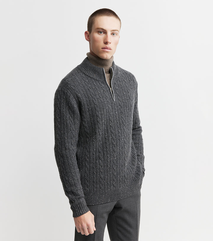 Mens Cashmere Cable 1/4 Zip Sweater - Charcoal Donegal/Dark Grey Melange