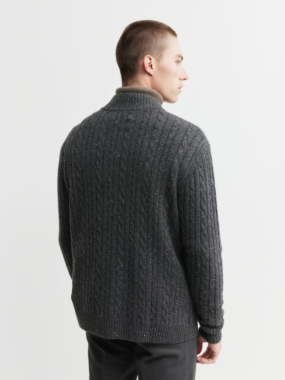 Mens Cashmere Cable 1/4 Zip Sweater - Charcoal Donegal/Dark Grey Melange