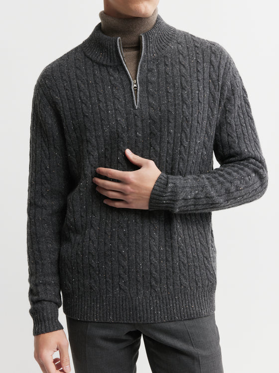 Mens Cashmere Cable 1/4 Zip Sweater - Charcoal Donegal/Dark Grey Melange