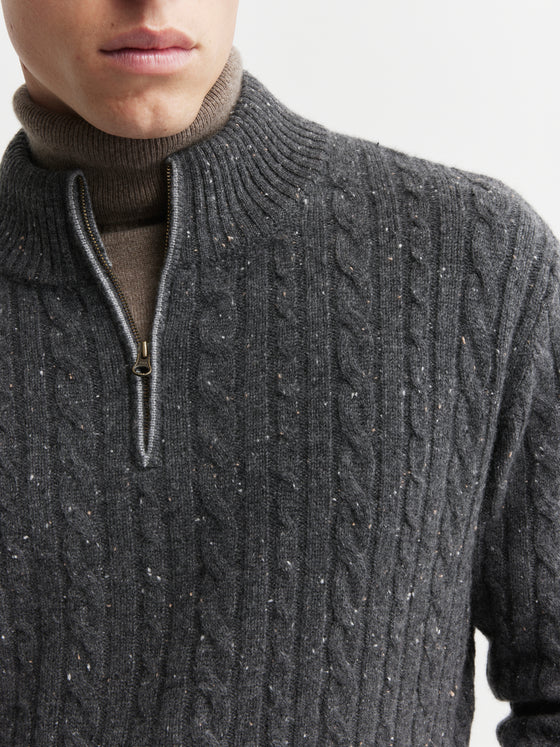 Mens Cashmere Cable 1/4 Zip Sweater - Charcoal Donegal/Dark Grey Melange