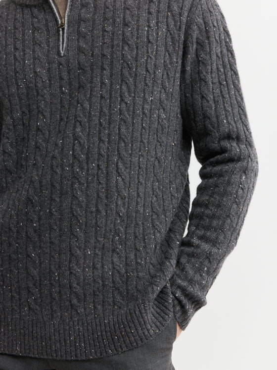 Mens Cashmere Cable 1/4 Zip Sweater - Charcoal Donegal/Dark Grey Melange