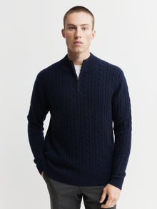  Mens Cashmere Cable 1/4 Zip Sweater - Dark Navy/Dark Navy Donegal