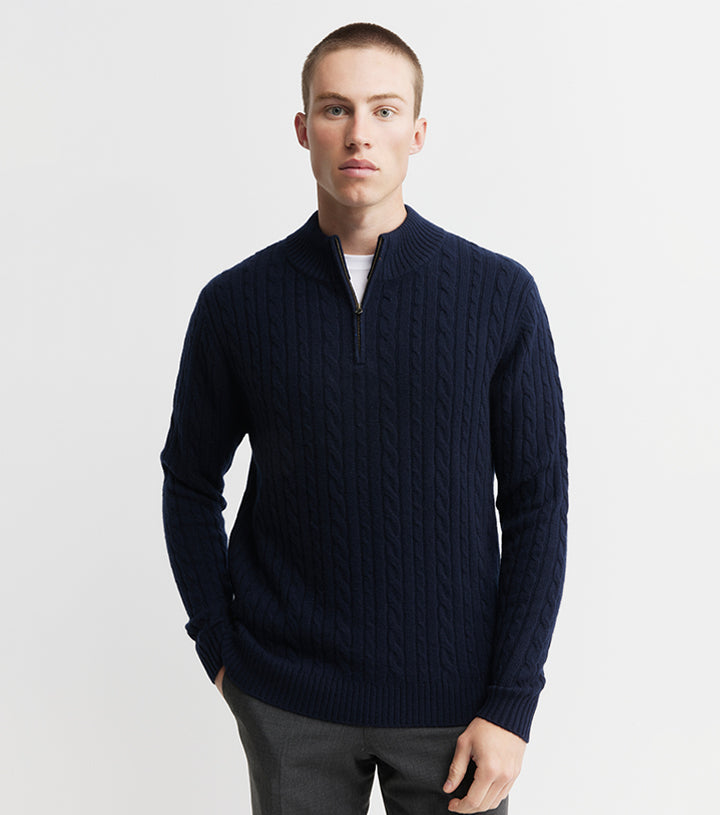 Mens Cashmere Cable 1/4 Zip Sweater - Dark Navy/Dark Navy Donegal