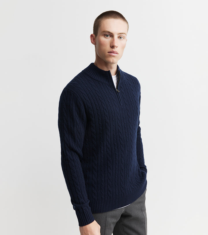 Mens Cashmere Cable 1/4 Zip Sweater - Dark Navy/Dark Navy Donegal