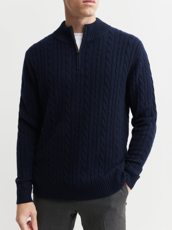 Mens Cashmere Cable 1/4 Zip Sweater - Dark Navy/Dark Navy Donegal