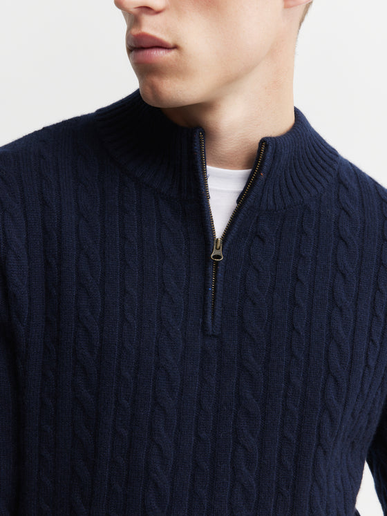 Mens Cashmere Cable 1/4 Zip Sweater - Dark Navy/Dark Navy Donegal