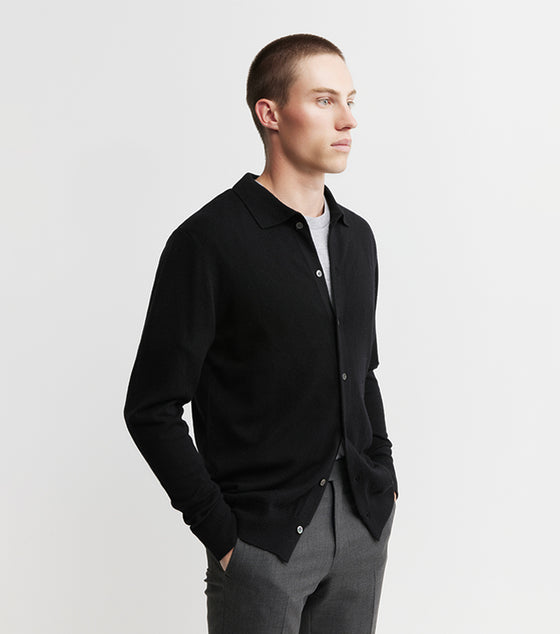 Mens Cashmere Cardigan with Collar - Black