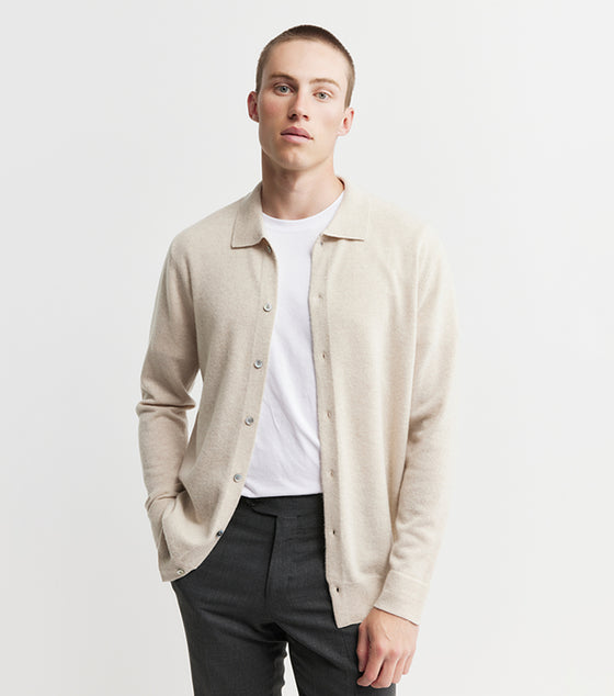 Mens Cashmere Cardigan with Collar - Sand