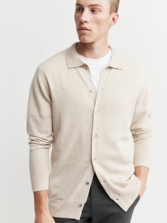 Mens Cashmere Cardigan with Collar - Sand