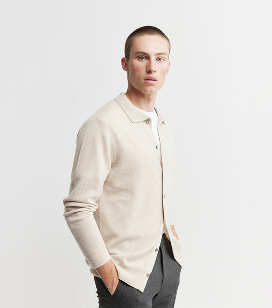 Mens Cashmere Cardigan with Collar - Sand